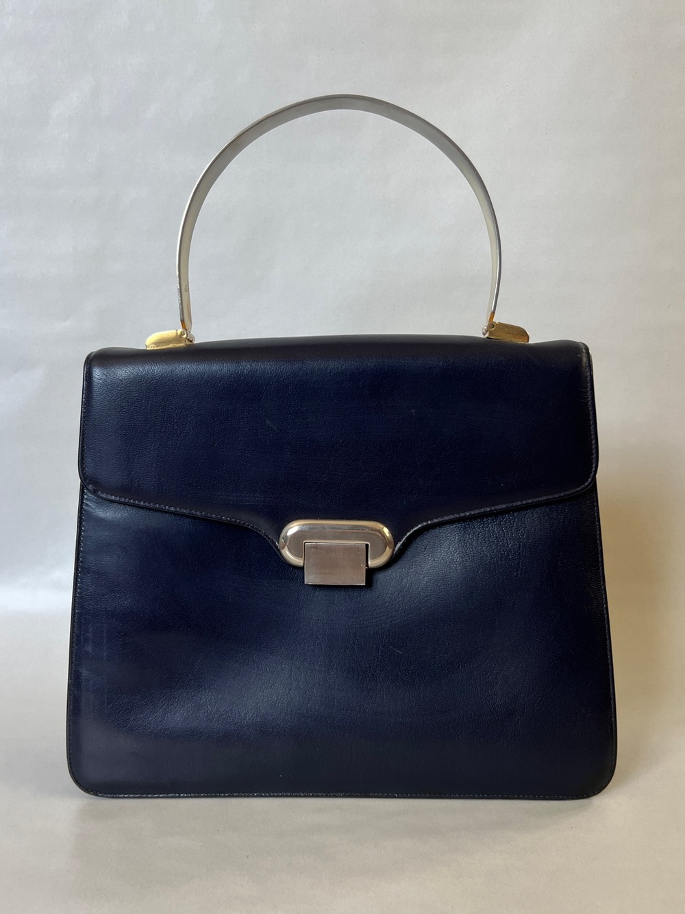 Vintage 1960s KORET Handbag with rare Metal Handle Navy Blue mod top handle bag